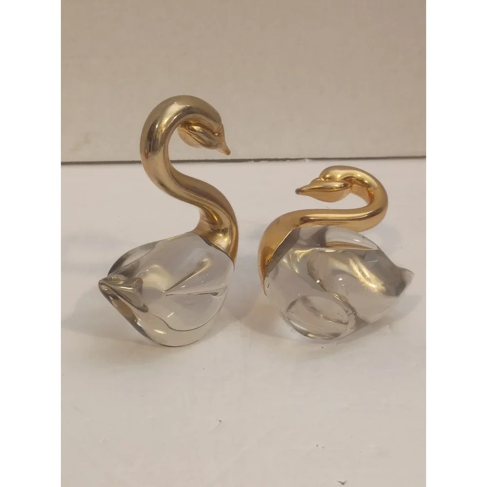Vintage Art Glass Swan Figurines Gold Tone Metal Neck Set of 2 Mid Century Decor